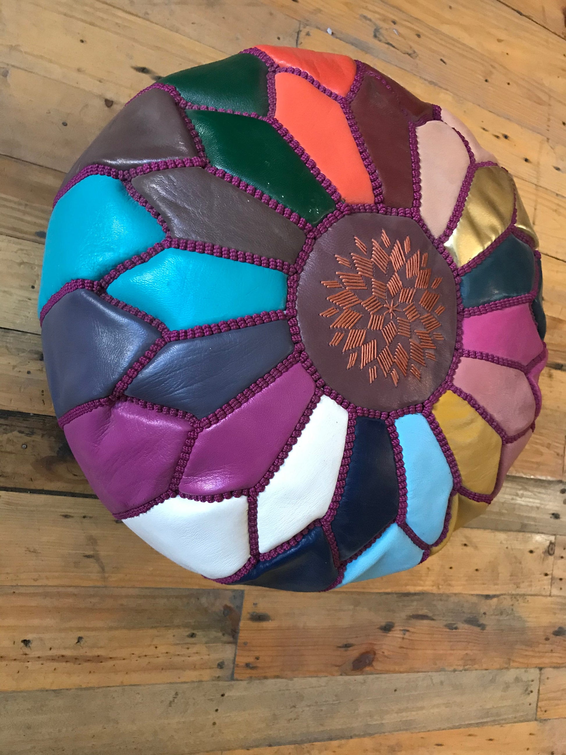 Mini MultiColor Moroccan handcrafted leather Pouf with brown stitching, Berber Pouf, Ottoman Leather Pouf, Ottoman footstool Pouf Home Decor