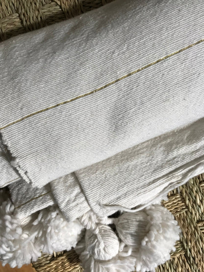 Moroccan throw Cotton pompom White blanket with White pompoms & Gold stripes,Hand Woven bedroom Cover,moroccan Bed Cover throw blanket