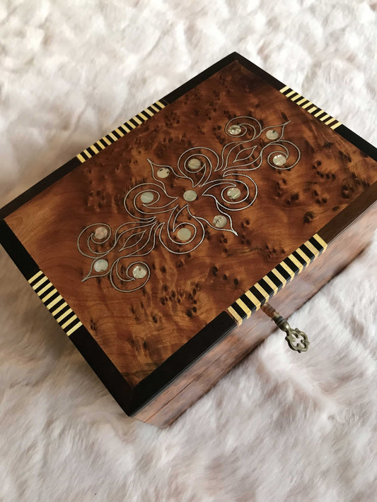 Moroccan Vintage Thuya wood jewelry Box inlaid with mother of pearl,girl women gift idea,engraved with iron metal,jewellery box key lock