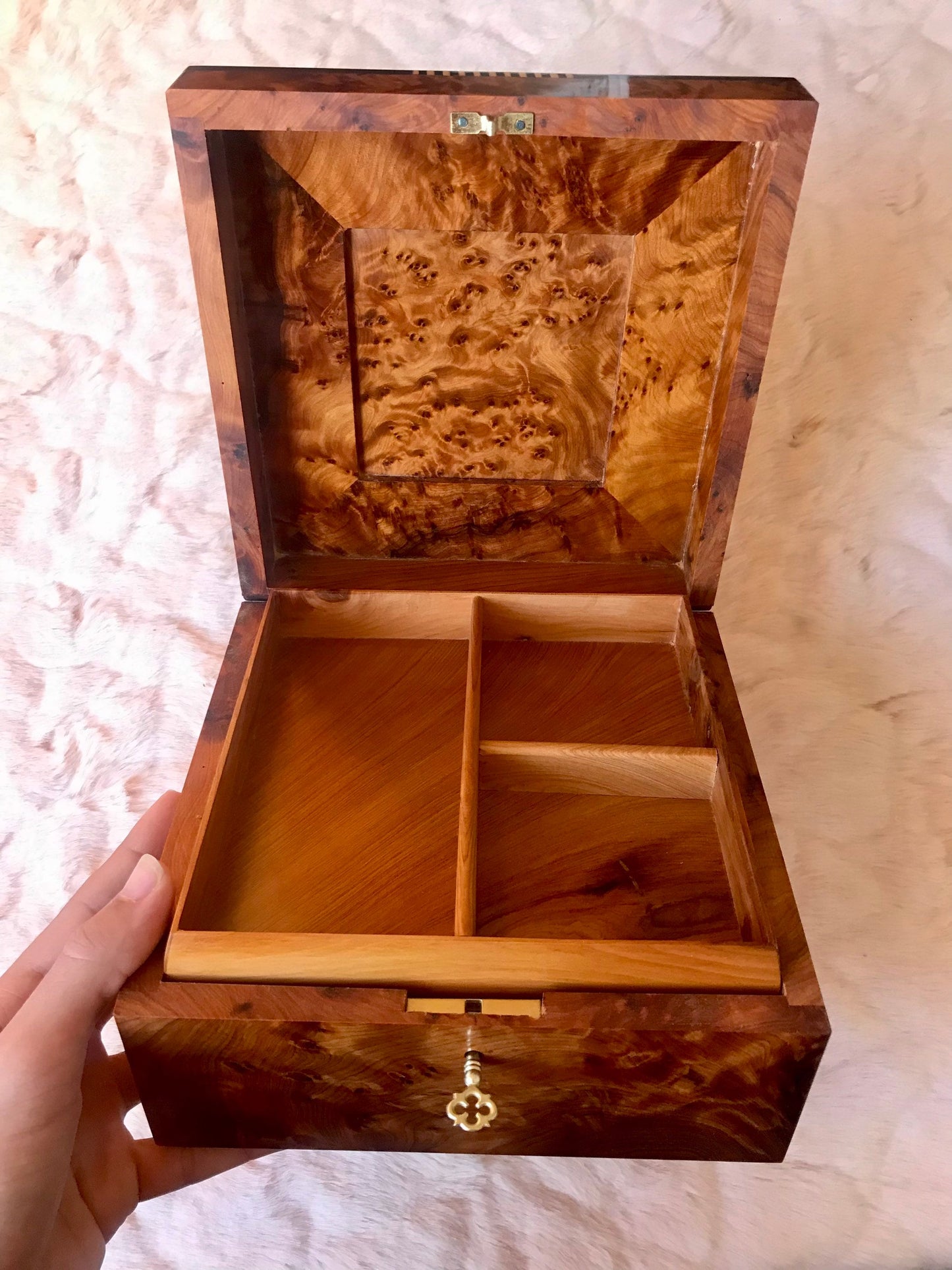 7"x7" Moroccan large lockable wooden jewelry Box organizer with key,engraved watch box,inlaid with Mother of Pearl,anniversary memory box