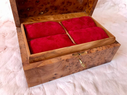 Wedding jewellery wood box with key,red jewelry cushions,large lockable memory organizer,moroccan thuya wooden box,red suede leather lining