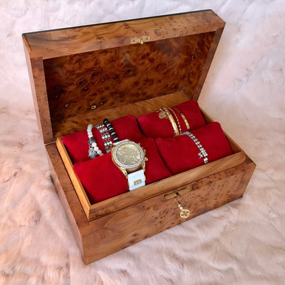 Wedding jewellery wood box with key,red jewelry cushions,large lockable memory organizer,moroccan thuya wooden box,red suede leather lining
