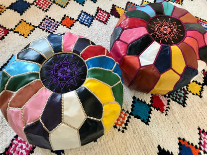 Genuine Moroccan MultiColor handcrafted leather Pouf with stitching,Berber Pouf, traditional Leather Pouf, Ottoman footstool Pouf Home Decor