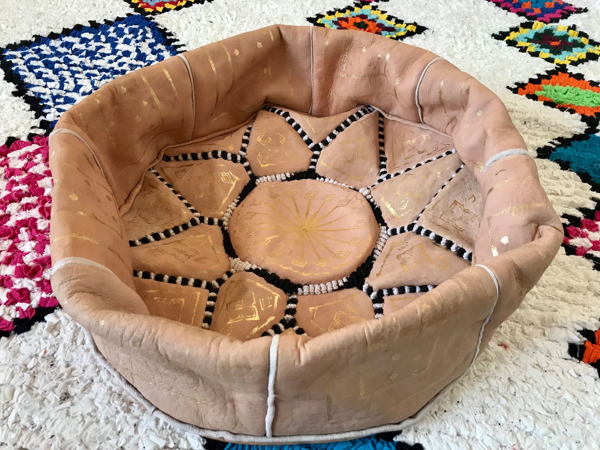 Natural Moroccan handcrafted leather Pouf with Gold stitching, Berber Pouf, Ottoman Leather Pouf, Ottoman Pouf, ottoman footstool Home Decor