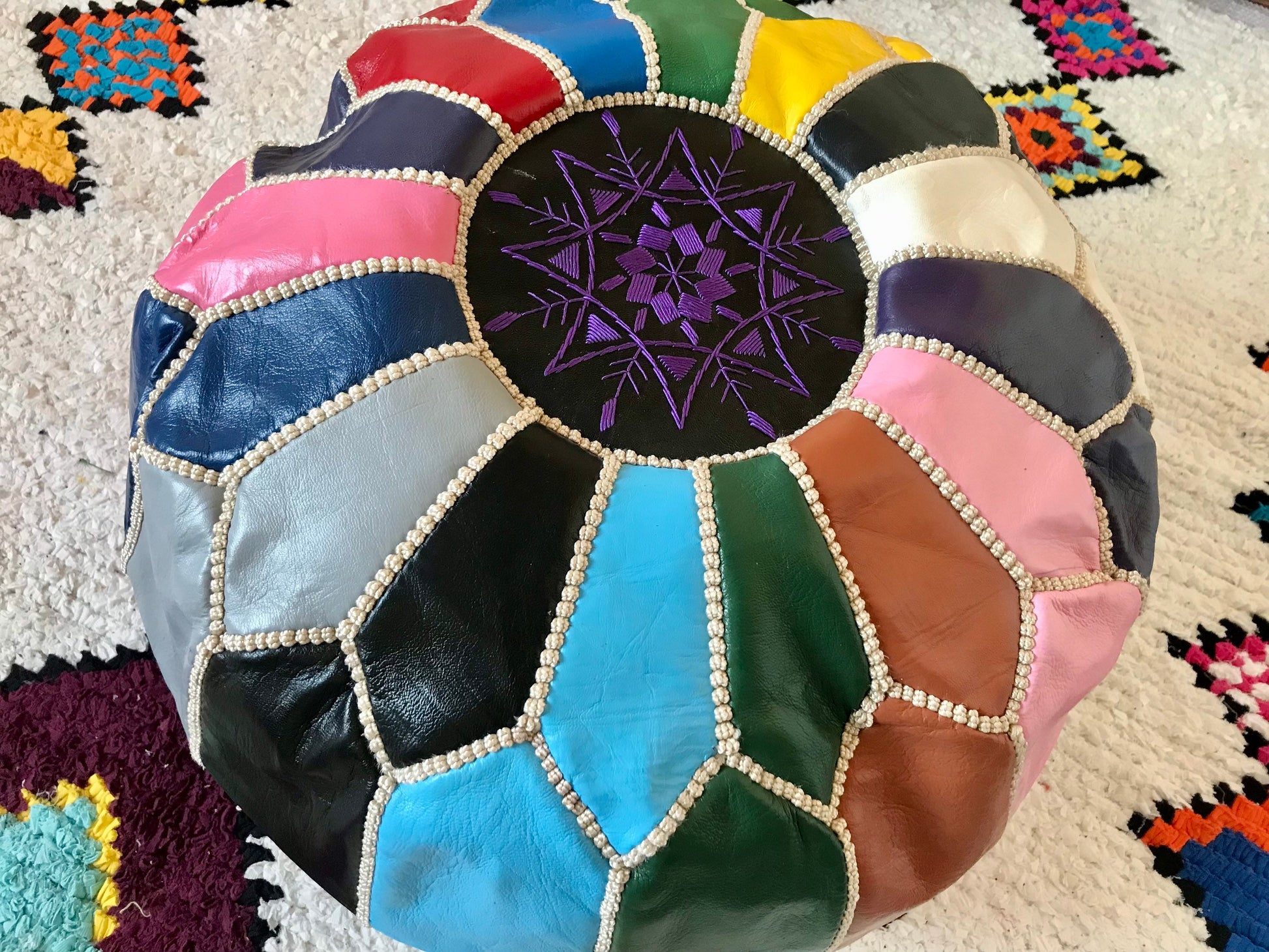 Genuine Moroccan MultiColor handcrafted leather Pouf with stitching,Berber Pouf, traditional Leather Pouf, Ottoman footstool Pouf Home Decor