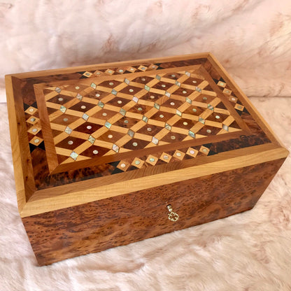 12"x8" Large jewellery Thuya wood Box with key,inlaid with mother of pearl,cedar wood,Gift idea, engraved Custom Moroccan wood Box with lock