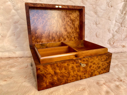 10"x6" High quality wooden jewellery Box,large lockable thuya wood burl Jewelry Box holder with key,memory couples gift,wedding wood box