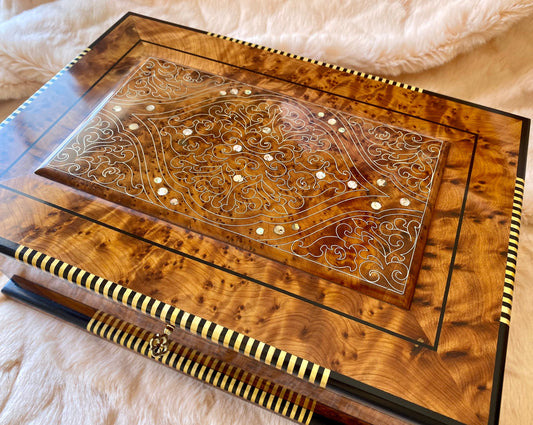 13"x8" Moroccan Royal jewellery burl wooden box inlaid with mother of pearl,lockable Luxury handmade gift box for anniversary,mirror inside