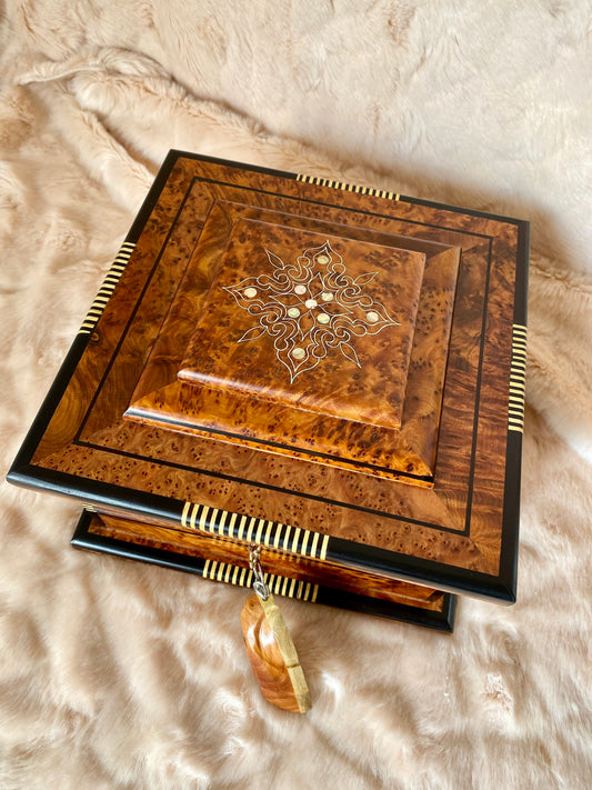 7"x7" Moroccan Royal jewellery burl wooden box inlaid with mother of pearl,lockable Luxury handmade gift box for anniversary,mirror inside
