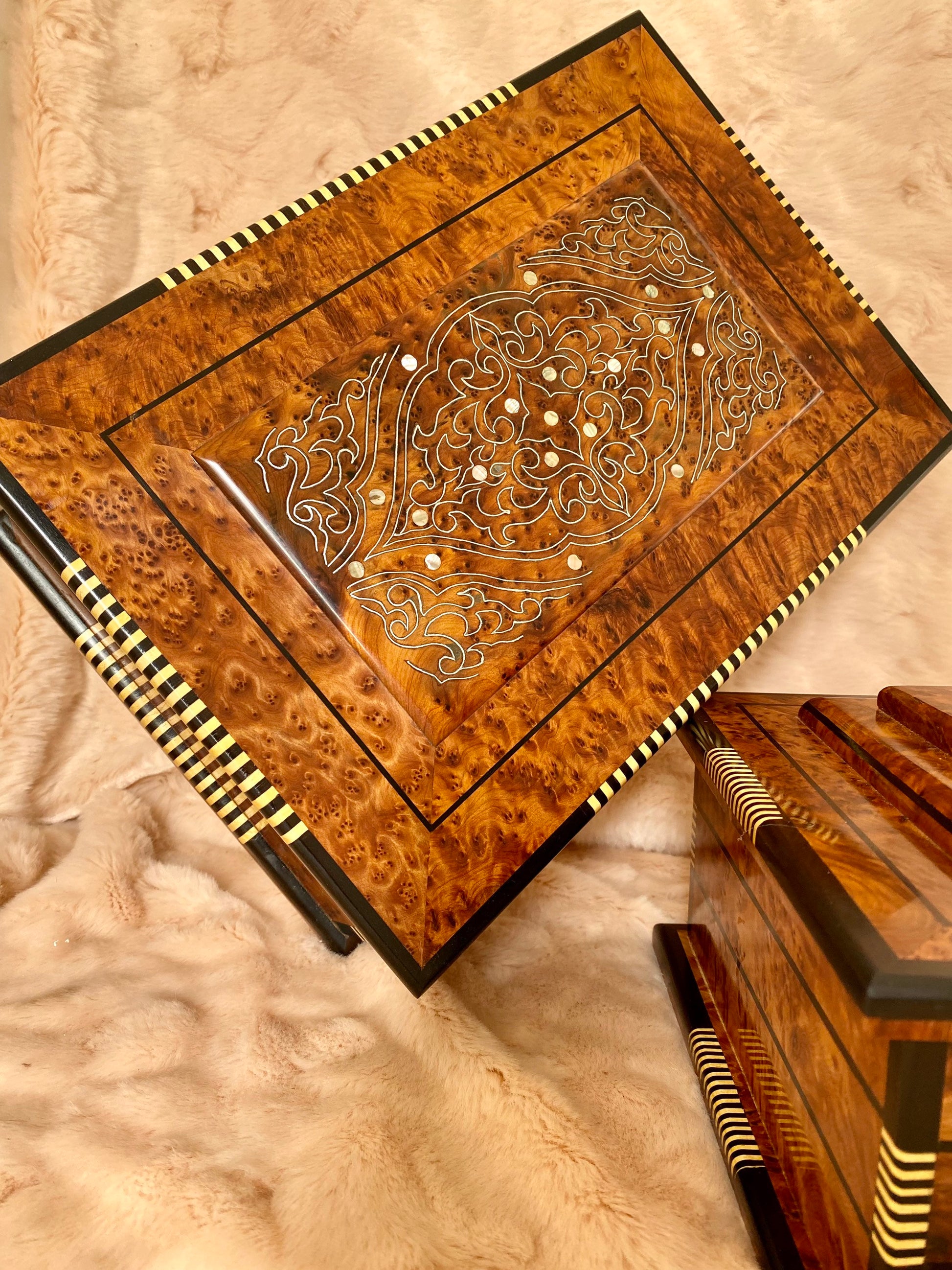 7"x7" Moroccan Royal jewellery burl wooden box inlaid with mother of pearl,lockable Luxury handmade gift box for anniversary,mirror inside