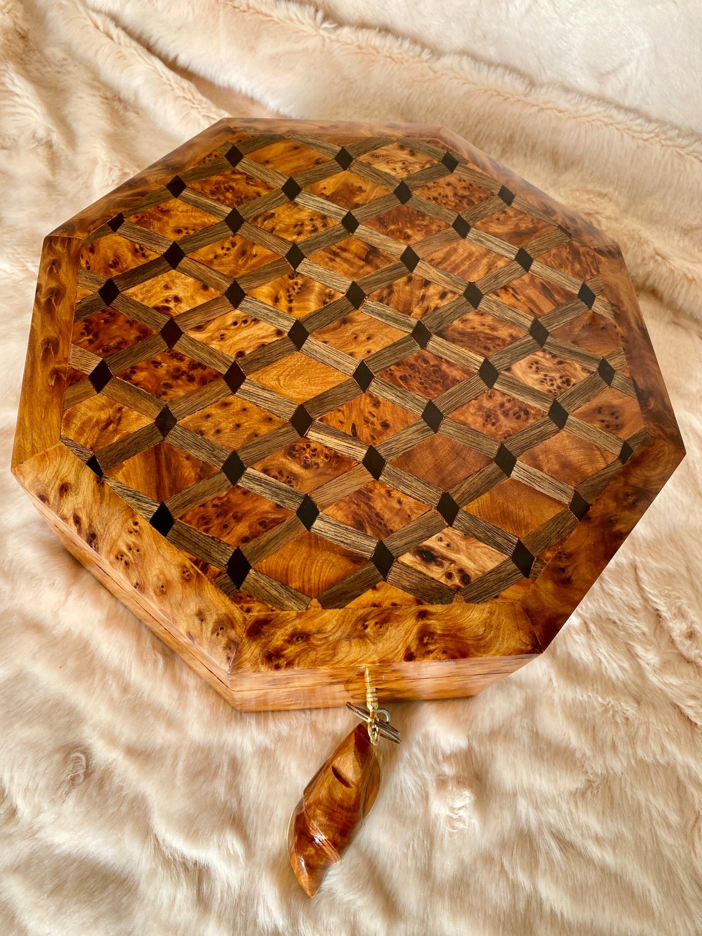 10"x10" Moroccan Octagonal lockable burl wooden jewellery Box organizer with key,inlaid with walnut wood,Birthday,wedding memory thuya box