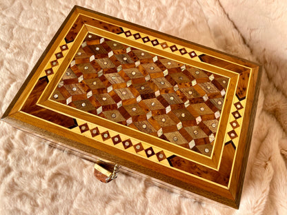 13x8 Royal large lockable Jewelry Wood watch Box, big jewellery Thuya wooden Keepsake Storage Inlaid with Mother of pearls,walnut,lemon wood