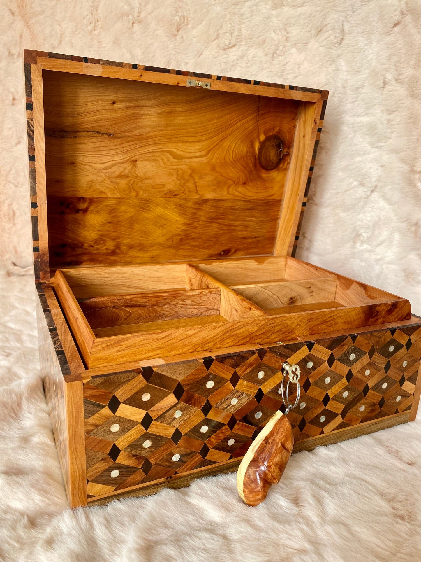 13x8 Royal large lockable Jewelry Wood watch Box, big jewellery Thuya wooden Keepsake Storage Inlaid with Mother of pearls,walnut,lemon wood