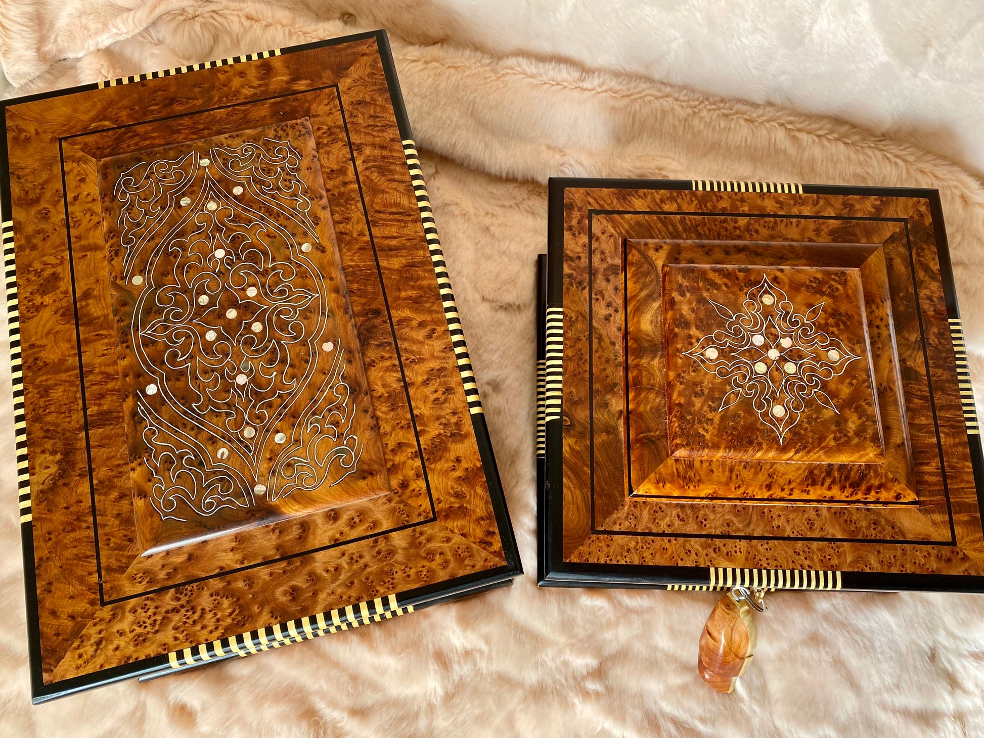 7"x7" Moroccan Royal jewellery burl wooden box inlaid with mother of pearl,lockable Luxury handmade gift box for anniversary,mirror inside