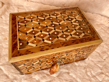 12x8 Solid lockable Jewelry Wood Box, large jewellery Thuya Burl wooden Box Keepsake Storage Inlaid with Mother of pearls,walnut,lemon wood