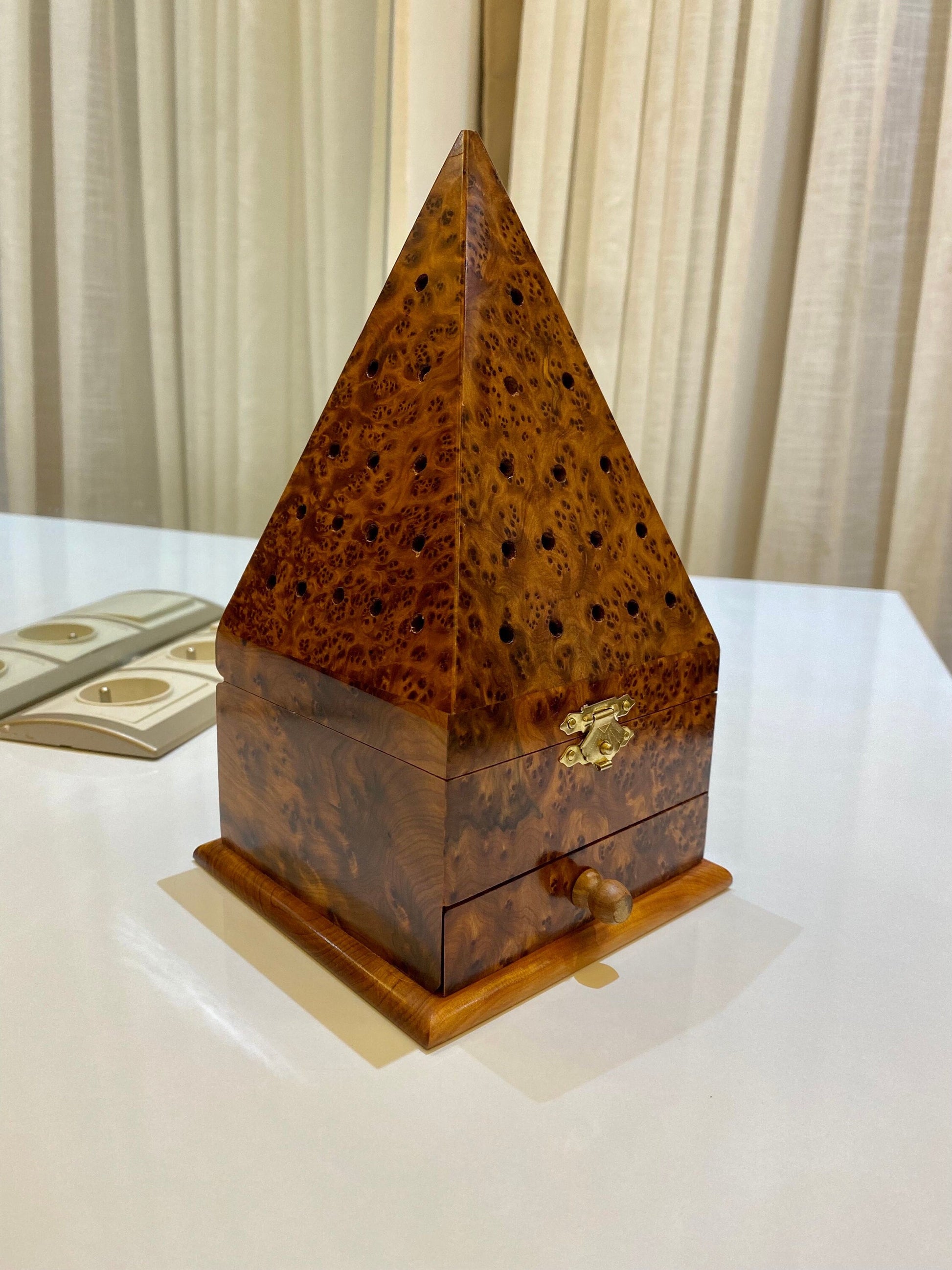 4"x4" Moroccan Handcrafted Pyramid thuya Wood Incense Burner with Slow Release Tub Feature,Gift idea,incense burner with drawer,home decor