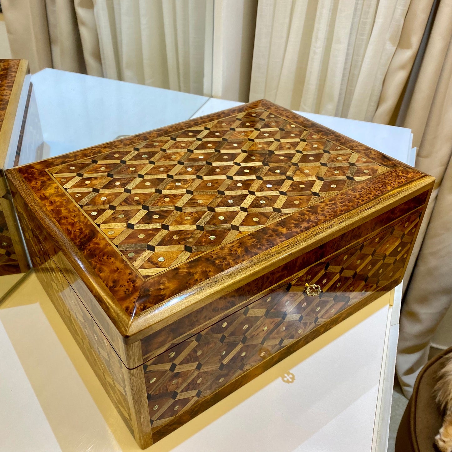 14x11 Moroccan Solid lockable Jewelry Box,big jewelry Thuya Burl wooden Box Keepsake Storage Inlaid with Mother of pearls,walnut,lemon wood