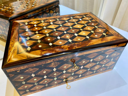 12x7.8 Royal Solid lockable Jewelry Box,large jewelry Thuya Burl wooden Box Keepsake Storage Inlaid with Mother of pearls, burned lemon wood