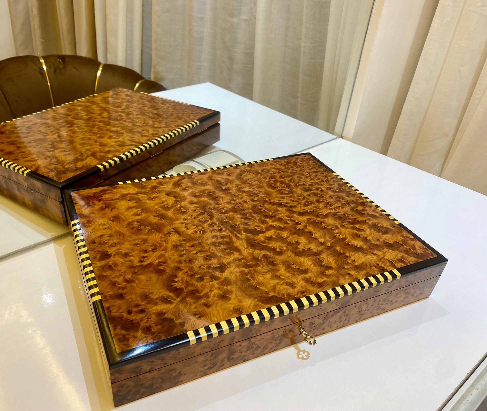 14"x10" Moroccan Thuya Wooden Box,Artisanal Wood Box with Striped Lemon Wood Accents Lockable and Handcrafted Keepsake large thuya box