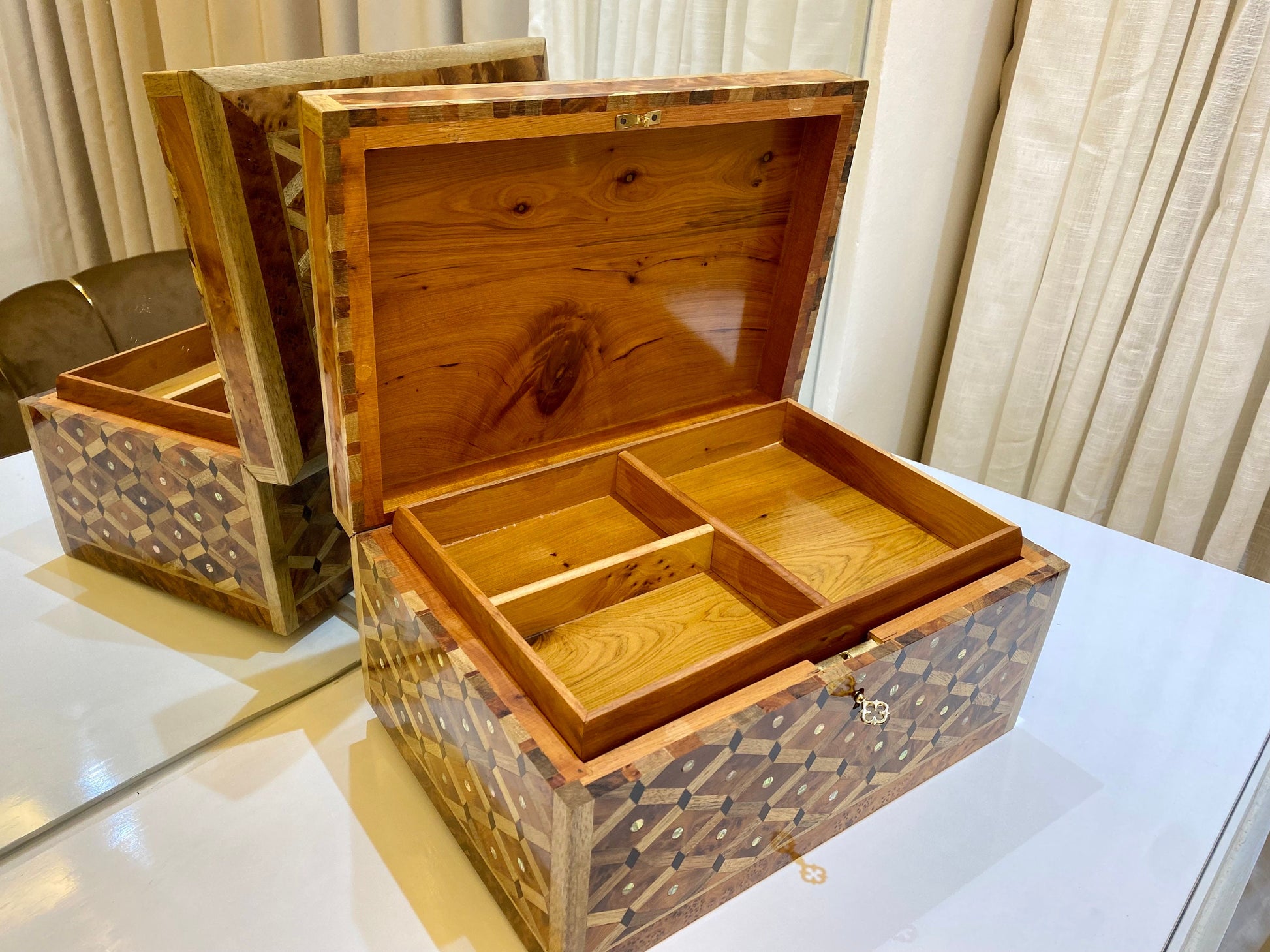 14x11 Moroccan Solid lockable Jewelry Box,big jewelry Thuya Burl wooden Box Keepsake Storage Inlaid with Mother of pearls,walnut,lemon wood