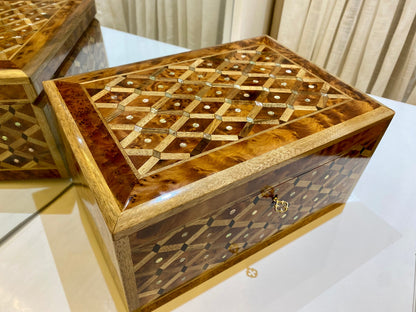 12x8 Moroccan Solid lockable Jewelry Box,Large jewelry Thuya Burl wooden Box Keepsake Storage Inlaid with Mother of pearls,walnut,lemon wood