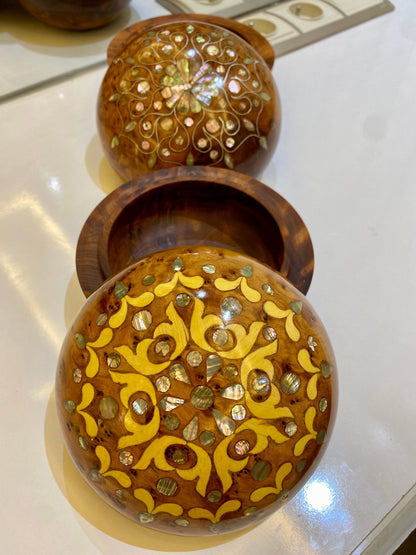 Set of 2 Handcrafted Moroccan jewelry Round Boxes with Mother of Pearl, Lemon Wood, and Brass Inlay,Gift idea, RoundBox, WoodenStorage