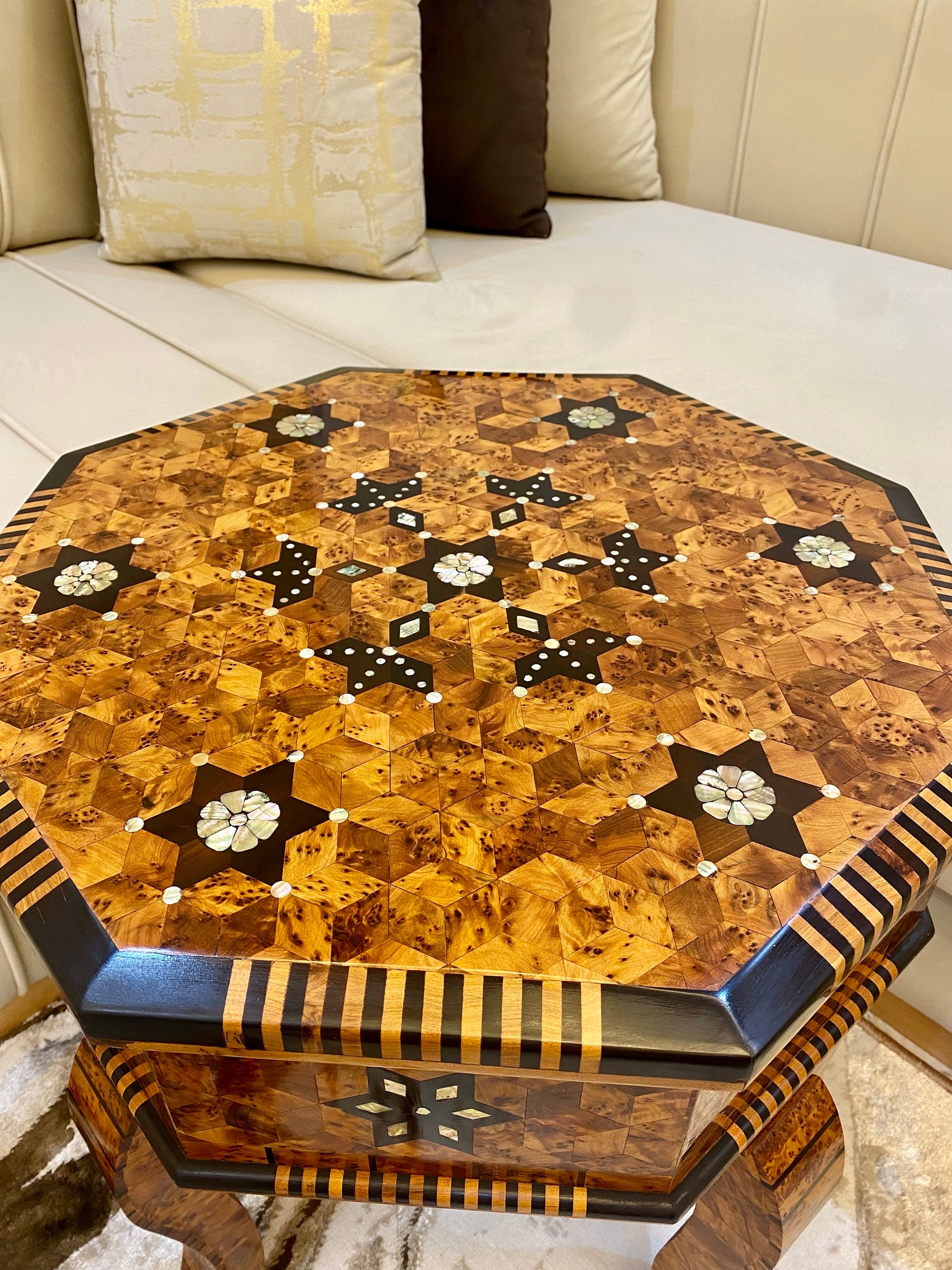 19"x19" Handmade Moroccan Hexagonal Mosaic Thuya Wood Table with mother of pearls and burned lemon wood Inlay,unique home decor living room