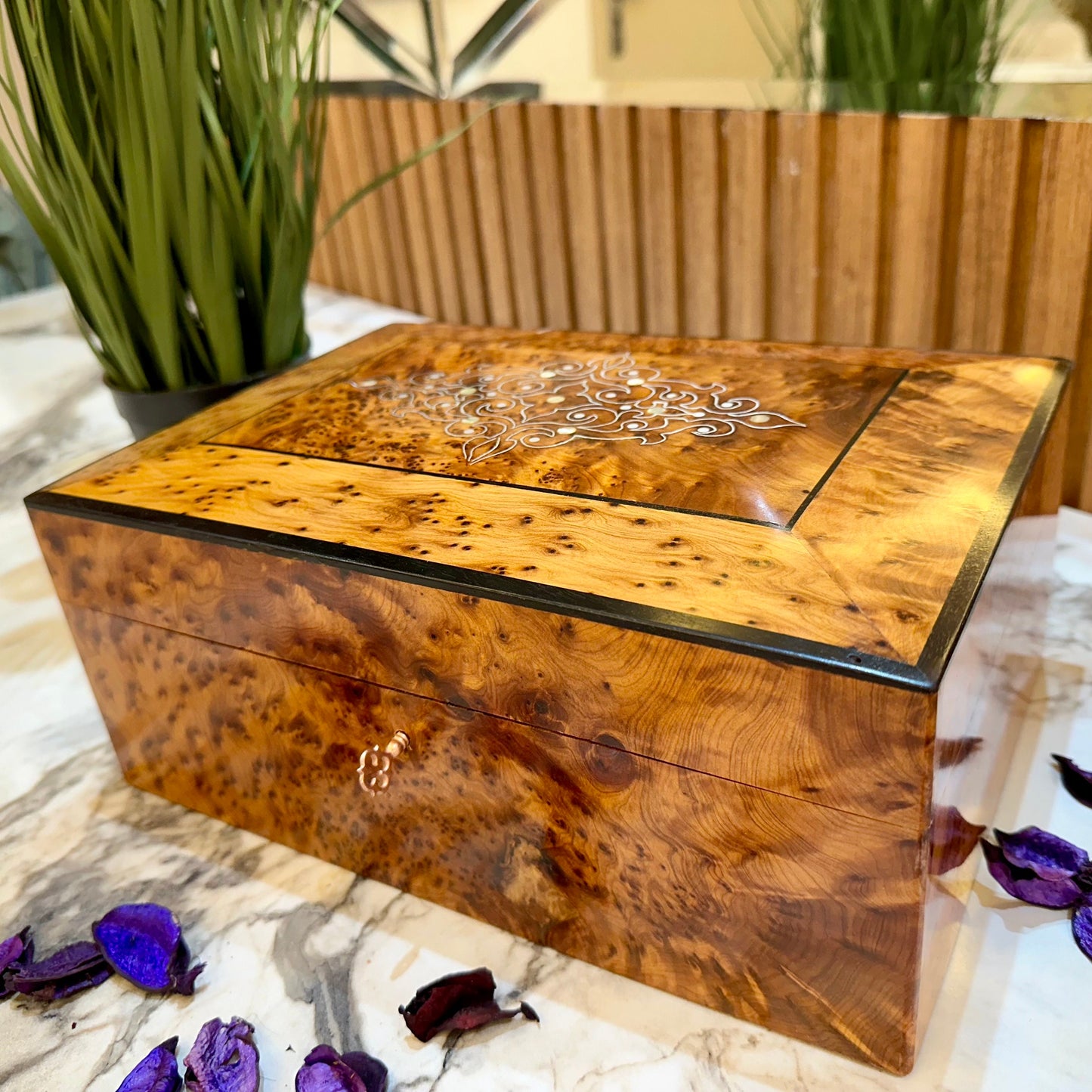 11"x7" Wooden stash box,Storage box,juniper jewelry Box wood engraved with mother of pearls,brass inlay,lockable wooden jewelry Box with key