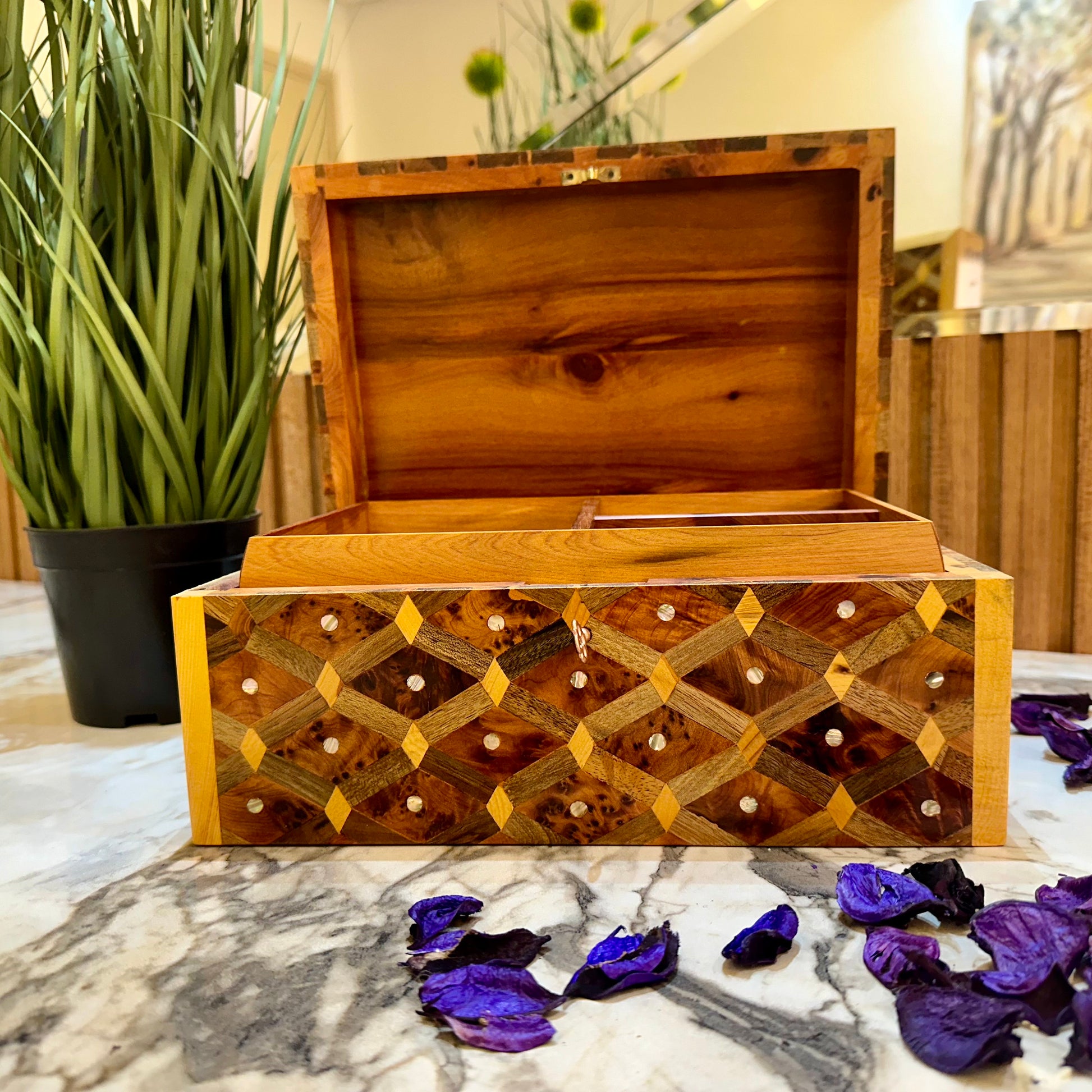 10x7 Solid lockable Jewelry Wood Box, large jewellery Thuya Burl wooden Box Keepsake Storage Inlaid with Mother of pearls,walnut,lemon wood
