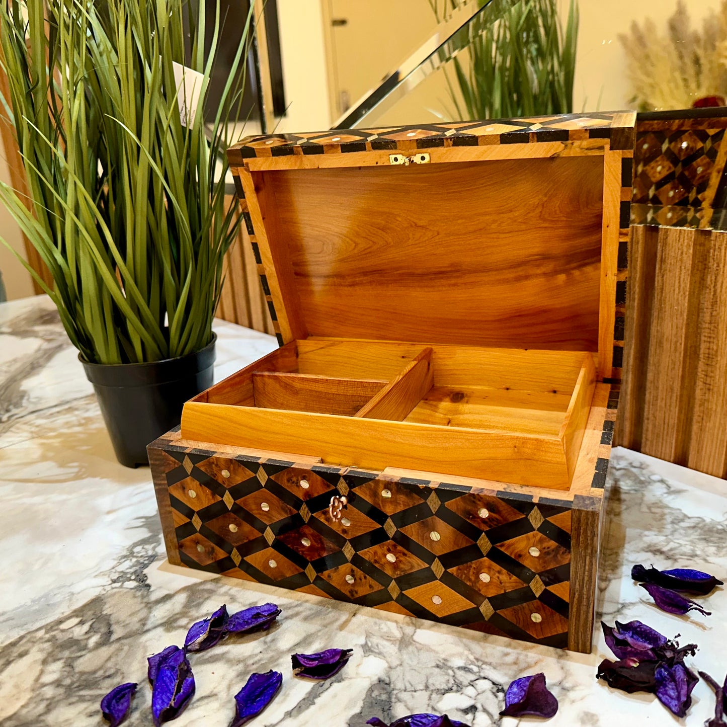 Lockable Wooden Stash Box,Solid Jewelry Box,Thuya Burl wooden Box,Keepsake wood Storage Inlaid with Mother of pearls,engagement gift box