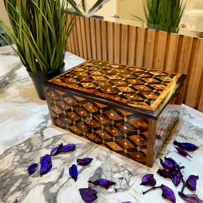 Lockable Wooden Stash Box,Solid Jewelry Box,Thuya Burl wooden Box,Keepsake wood Storage Inlaid with Mother of pearls,engagement gift box