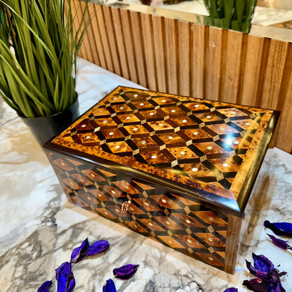 Lockable Wooden Stash Box,Solid Jewelry Box,Thuya Burl wooden Box,Keepsake wood Storage Inlaid with Mother of pearls,engagement gift box