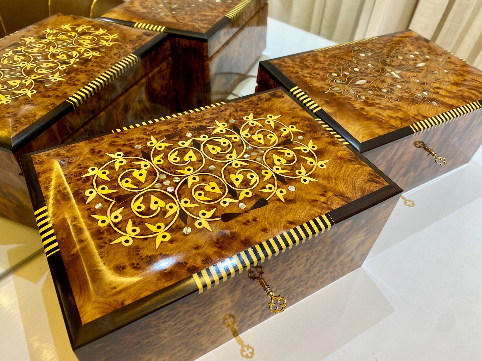 Set of 2 Handcrafted Moroccan jewelry Box,wood engraved with mother of pearls,lemon wood,brass inlay,lockable thuya wooden Box with key