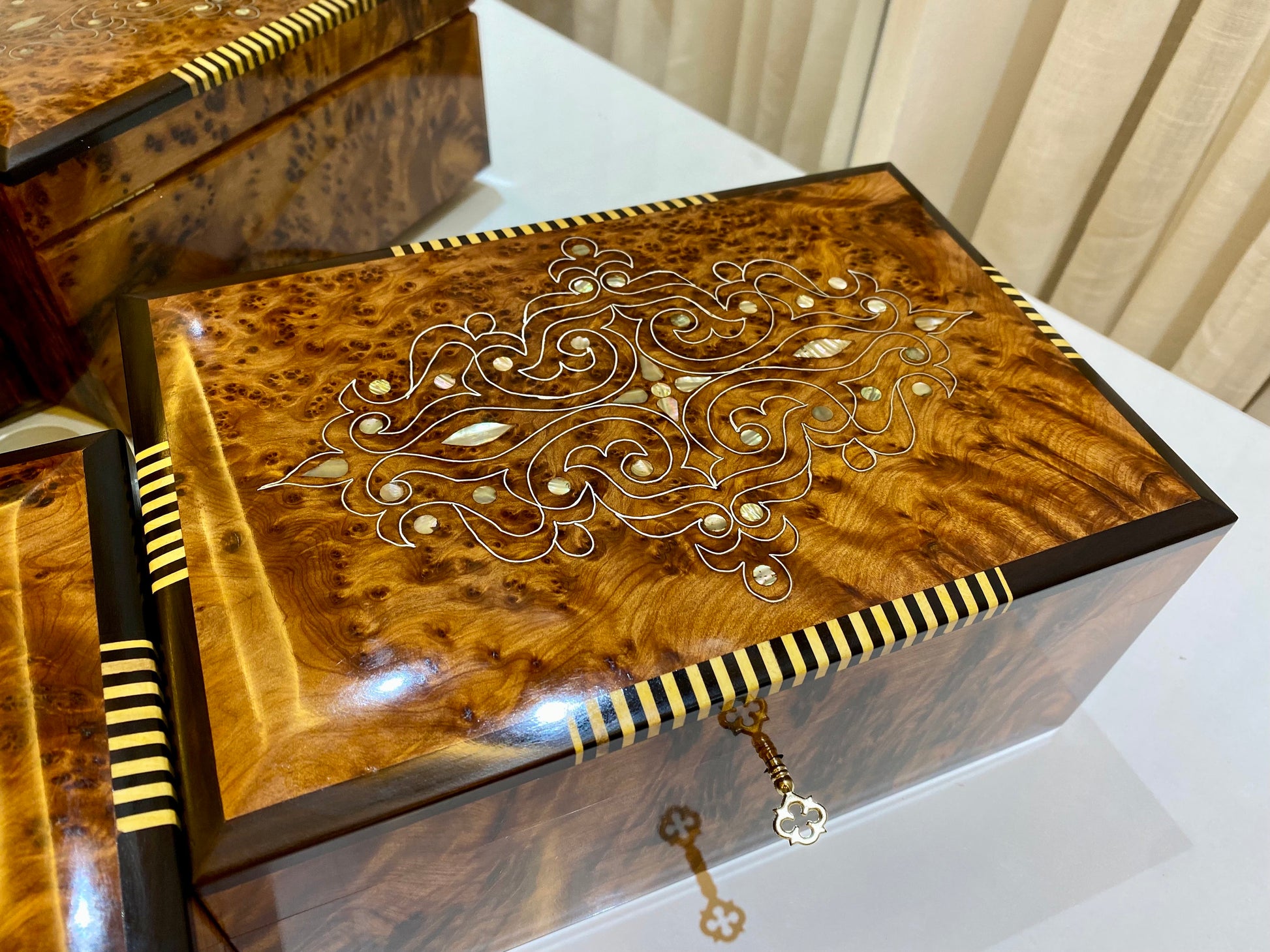 Set of 2 Handcrafted Moroccan jewelry Box,wood engraved with mother of pearls,lemon wood,brass inlay,lockable thuya wooden Box with key