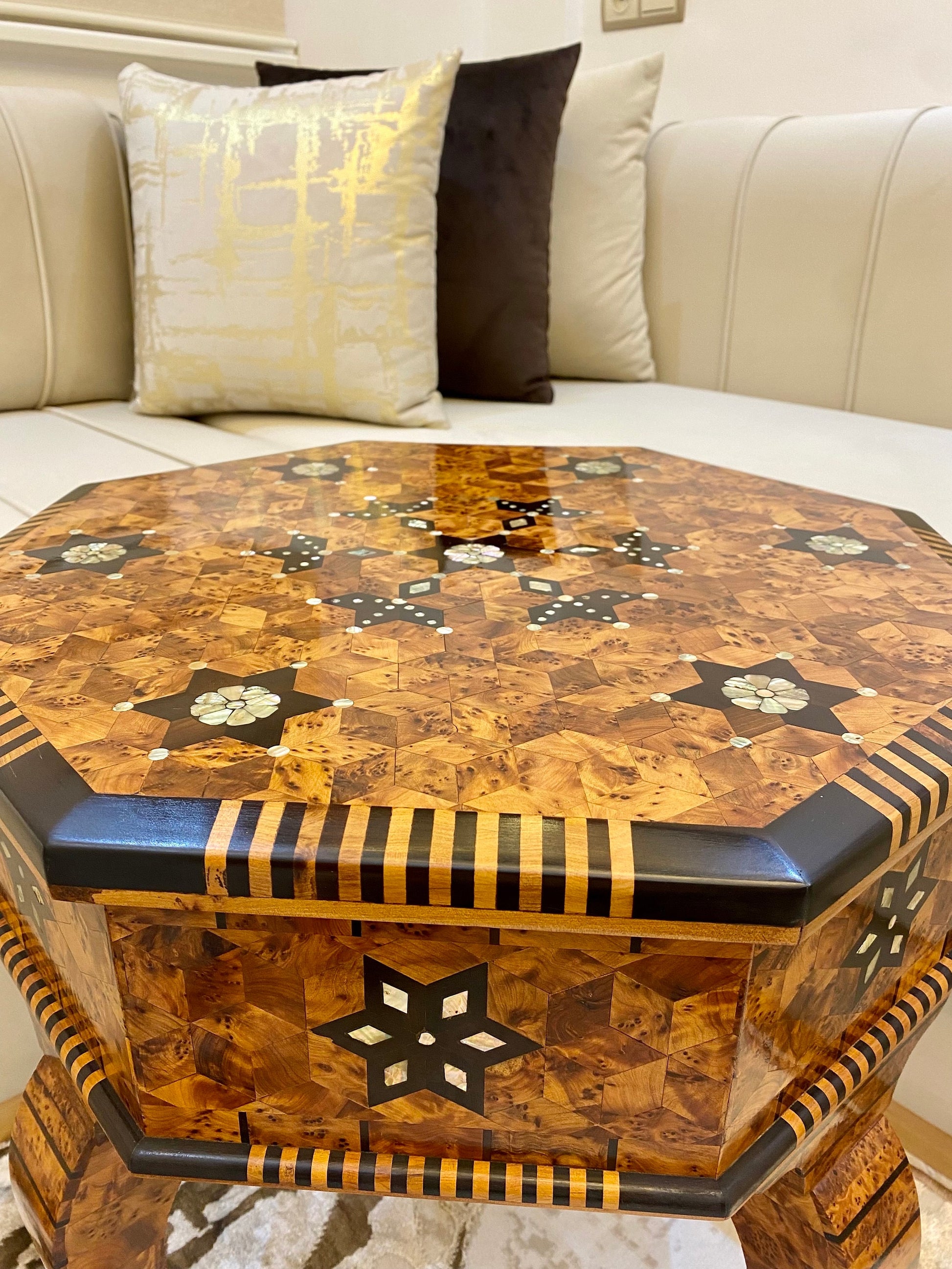 19"x19" Handmade Moroccan Hexagonal Mosaic Thuya Wood Table with mother of pearls and burned lemon wood Inlay,unique home decor living room