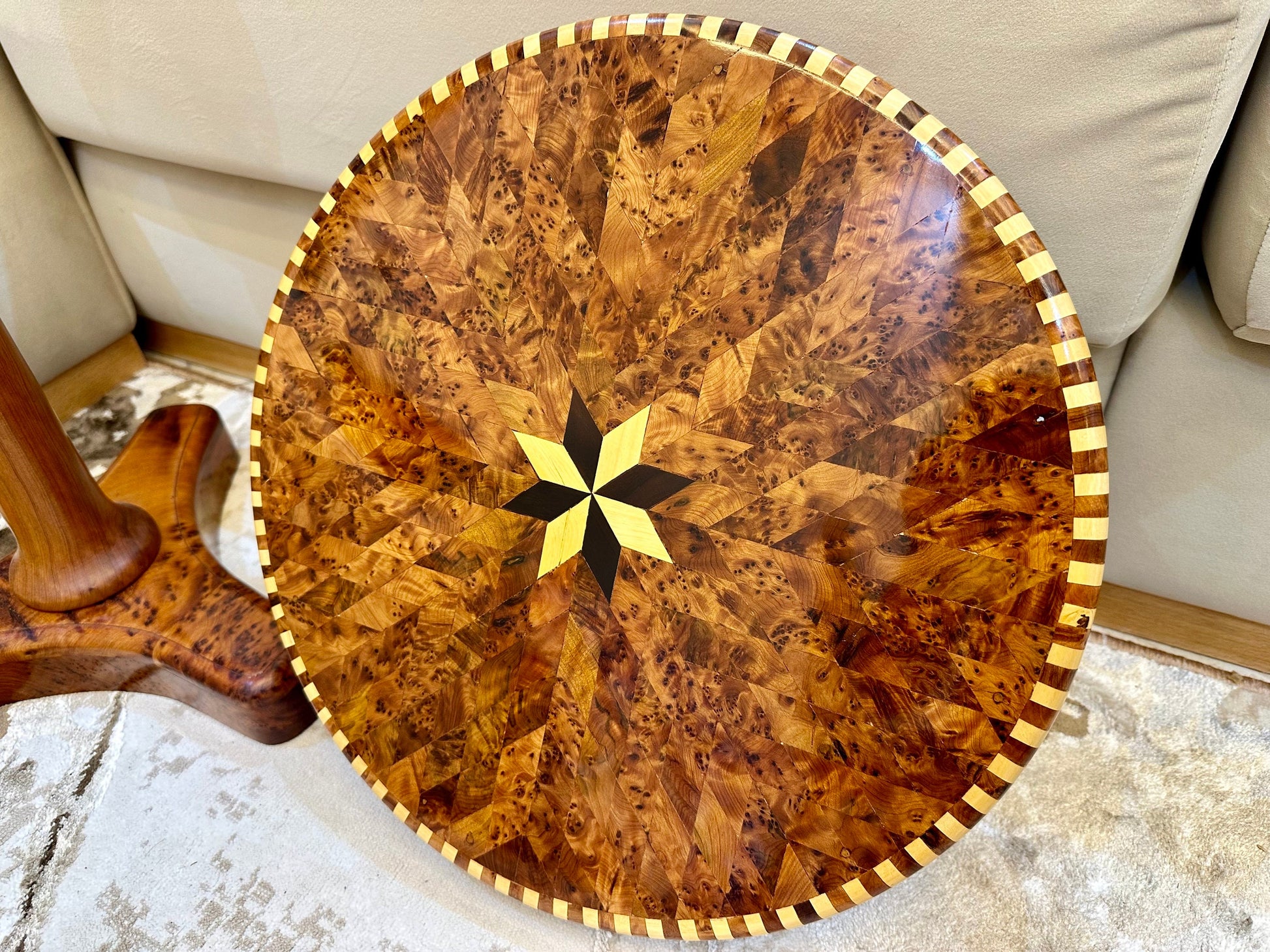 Handmade Moroccan coffee table,mcm round Wood Table with Lemon and thuya Inlay,unique home decor living room,Berber teak side coffee table