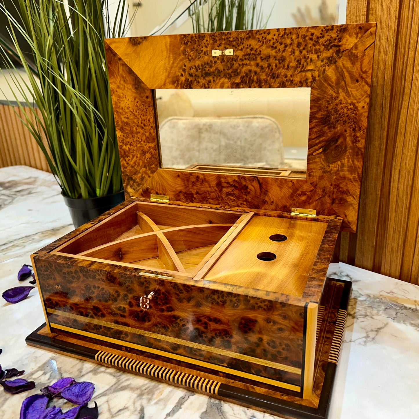 13"x8" Luxury Moroccan Royal jewellery burl wooden box inlaid with mother of pearl,lockable handmade gift box for anniversary,mirror inside