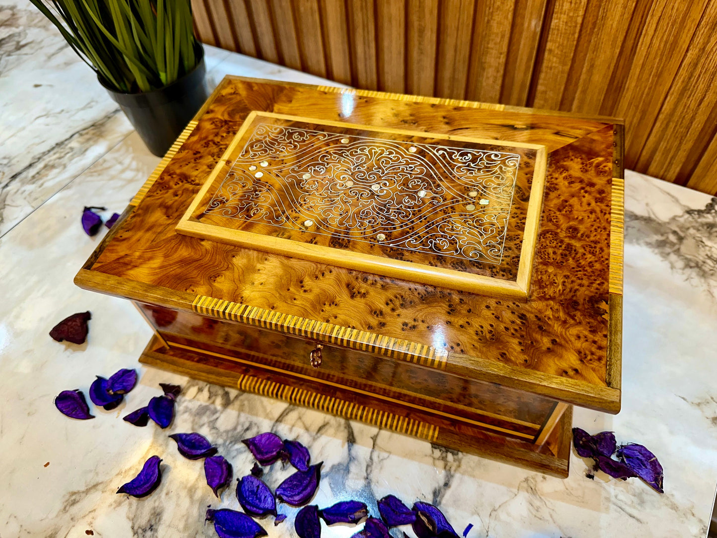 Lockable Wooden box,Moroccan jewellery box inlaid with mother of pearl,handmade gift box for anniversary,watch box organizer with mirror