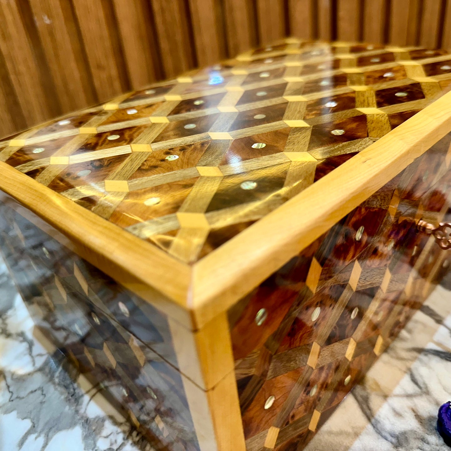 10x7 Solid lockable Jewelry Wood Box, large jewellery Thuya Burl wooden Box Keepsake Storage Inlaid with Mother of pearls,walnut,lemon wood