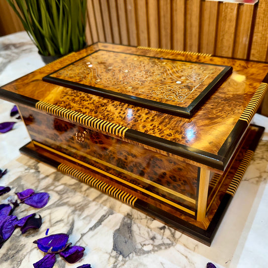 13"x8" Luxury Moroccan Royal jewellery burl wooden box inlaid with mother of pearl,lockable handmade gift box for anniversary,mirror inside