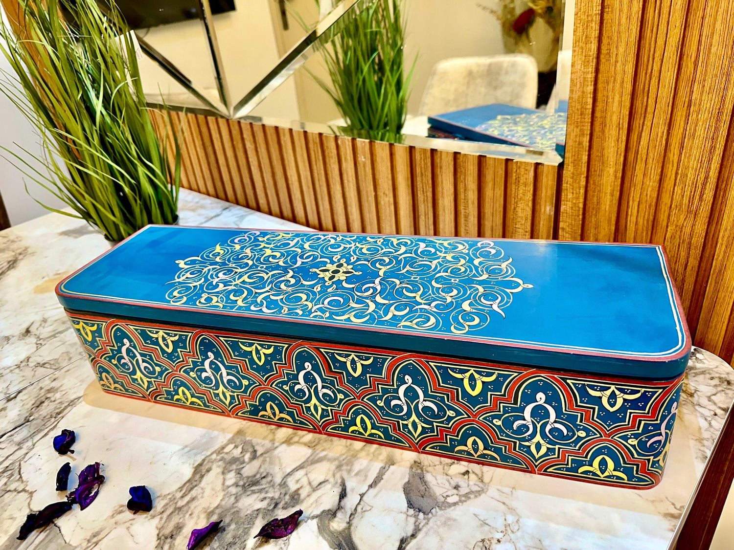 23"x7" Large Moroccan Hand-Painted Wood Box with Floral Motifs,Wood Storage jewellery Box,Boho Home Ethnic Decor,gift wood box