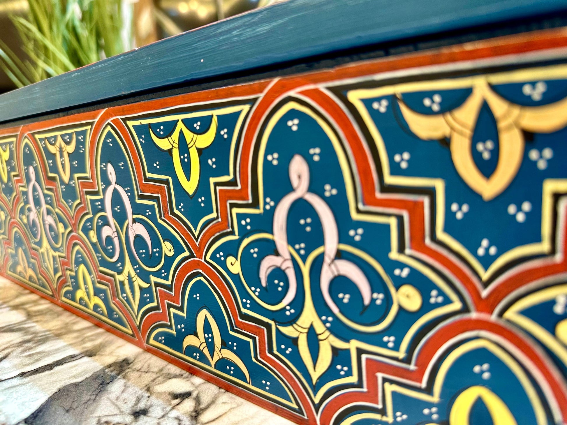23"x7" Large Moroccan Hand-Painted Wood Box with Floral Motifs,Wood Storage jewellery Box,Boho Home Ethnic Decor,gift wood box