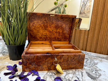 Burl lockable wood box,Luxury large wooden jewelry Box organizer with key,gitft box,wedding memory thuya box,Moroccan Aromatic Home Decor