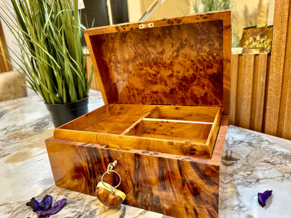 Lockable Jewelry wooden box with gold key,box engraved with mother of pearls,lemon wood,Moroccan thuya storage box,gift box,keepsake box