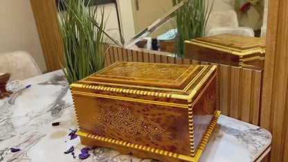 Vintage Wood Jewelry box with mirror inside,Moroccan Solid lockable Box,big Thuya Burl Keepsake Storage box with Mother of pearls inlay
