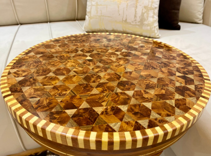 Decorative Coffee Table – Moroccan Handmade Round Table with Lemon & Thuya Wood – Luxury Jewelry Wooden Box