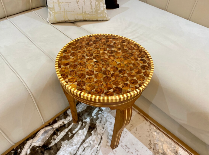 Decorative Coffee Table – Moroccan Handmade Round Table with Lemon & Thuya Wood – Luxury Jewelry Wooden Box